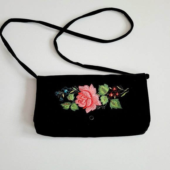 Black velvet crossbody purse with embroidered flowers. - Picture 1 of 5